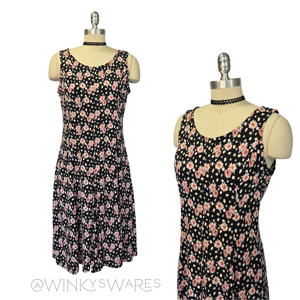 Vintage 90s Floral Print Midi Dress Size S Black Sleeveless Whimsical Grunge